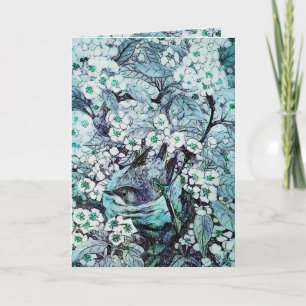 BIRD NEST ,TREE WITH WHITE BLUE SPRING FLOWERS HOLIDAY CARD