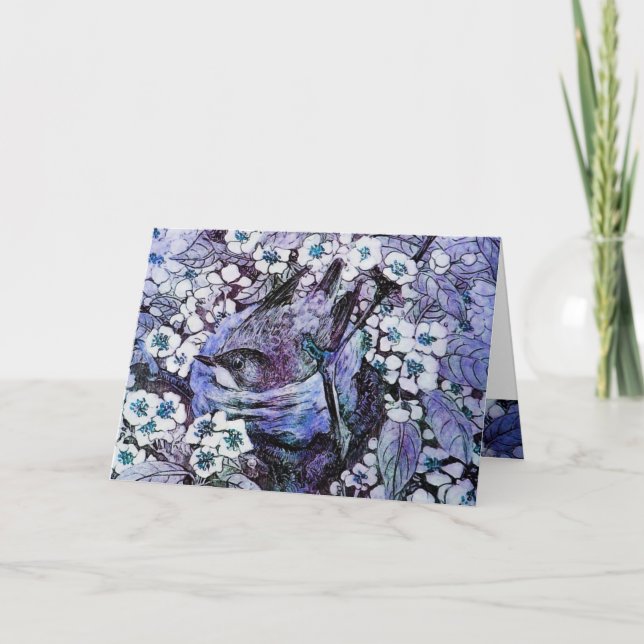 BIRD NEST ,TREE WITH WHITE BLUE SPRING FLOWERS HOLIDAY CARD (Front)