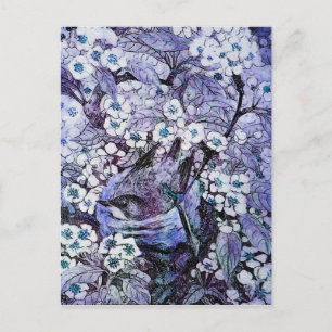 BIRD NEST ,TREE WITH WHITE BLUE SPRING FLOWERS POSTCARD