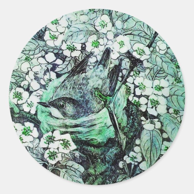 BIRD NEST ,TREE WITH WHITE GREEN SPRING FLOWERS CLASSIC ROUND STICKER (Front)