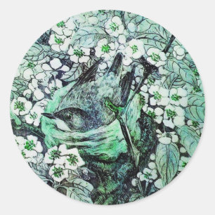 BIRD NEST ,TREE WITH WHITE GREEN SPRING FLOWERS CLASSIC ROUND STICKER
