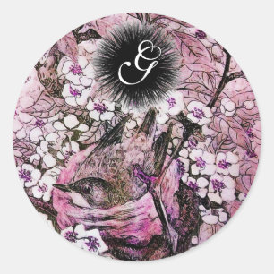 BIRD NEST ,TREE WITH WHITE PINK FLOWERS MONOGRAM CLASSIC ROUND STICKER