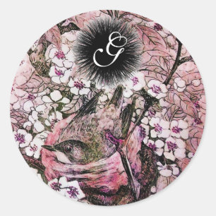 BIRD NEST ,TREE WITH WHITE PINK FLOWERS MONOGRAM CLASSIC ROUND STICKER