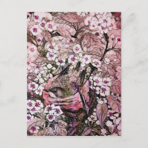 BIRD NEST ,TREE WITH WHITE RED PINK SPRING FLOWERS ANNOUNCEMENT POSTCARD
