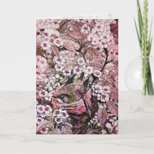 BIRD NEST ,TREE WITH WHITE RED PINK SPRING FLOWERS HOLIDAY CARD