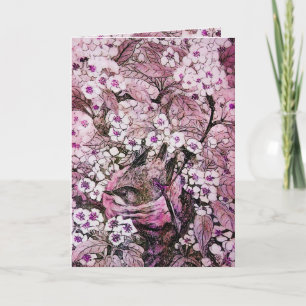 BIRD NEST ,TREE WITH WHITE RED PINK SPRING FLOWERS HOLIDAY CARD