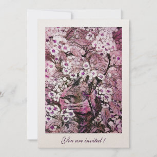 BIRD NEST ,TREE WITH WHITE RED PINK SPRING FLOWERS INVITATION