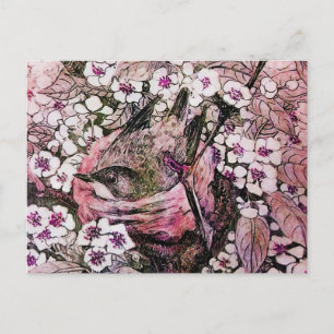 BIRD NEST ,TREE WITH WHITE RED PINK SPRING FLOWERS POSTCARD