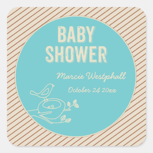Bird Nest turquoise Baby Shower Square Sticker (Front)
