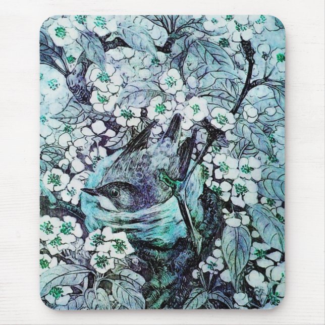 BIRD NEST ,white blue Mouse Mat (Front)