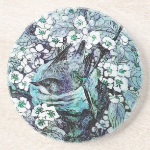 BIRD NEST,white,blue teal Coaster