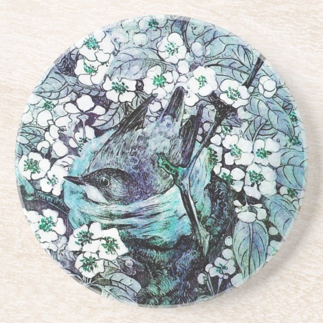 BIRD NEST,white,blue teal Coaster (Front)