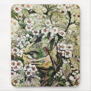 BIRD NEST ,white brown green yellow Mouse Mat