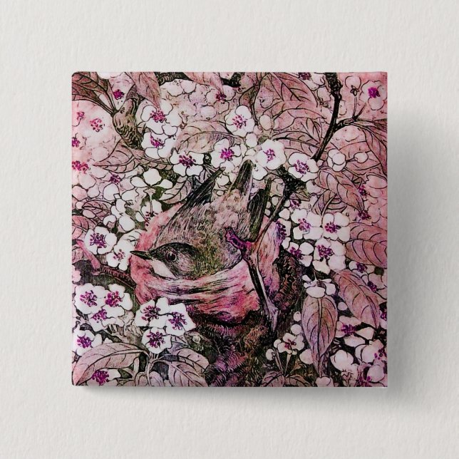 BIRD NEST ,white red pink 15 Cm Square Badge (Front)