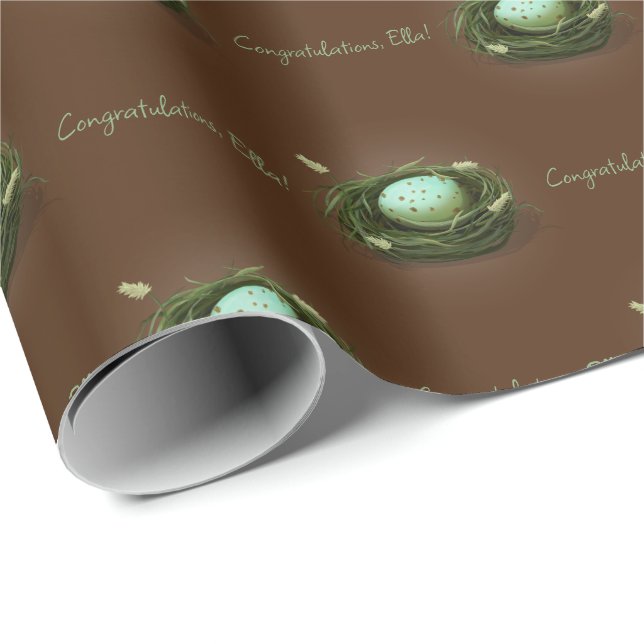 Bird Nest with Blue Speckled Egg Dark Brown Custom Wrapping Paper (Roll Corner)