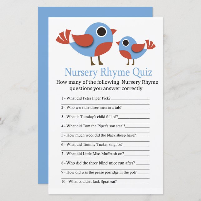 Bird Nursery Rhyme Quiz baby shower game (Front/Back)