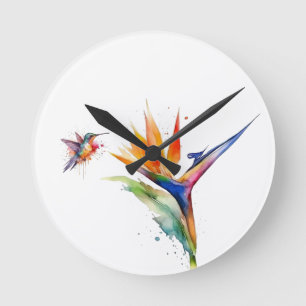 Bird of paradise and hummingbird in watercolor round clock