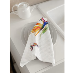 Bird of paradise and hummingbird in watercolor tea towel