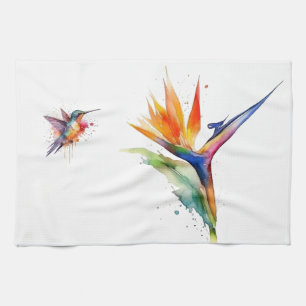 Bird of paradise and hummingbird in watercolor tea towel