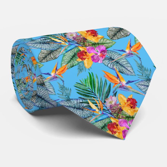 Bird Of Paradise And Orchid Summer Blue Garden Tie (Rolled)