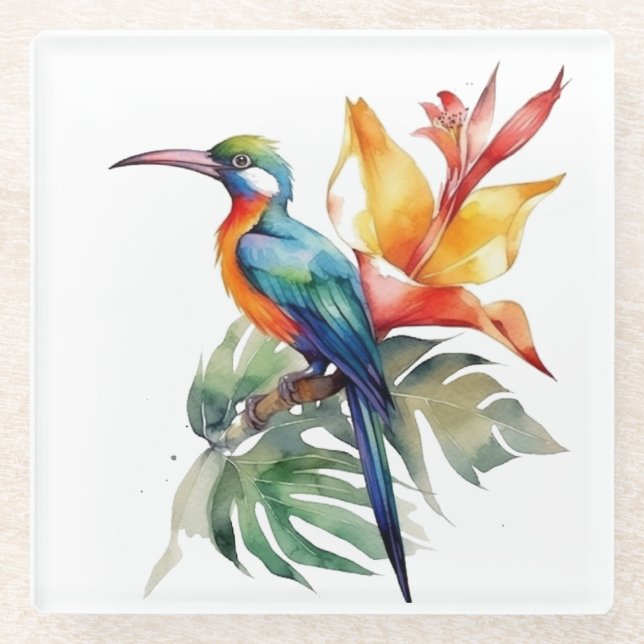 Bird of Paradise, colourful phantasy bird 'n flowe Glass Coaster (Front)