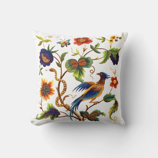 Bird of Paradise Faux Jacobean Embroidery Cushion (Front)