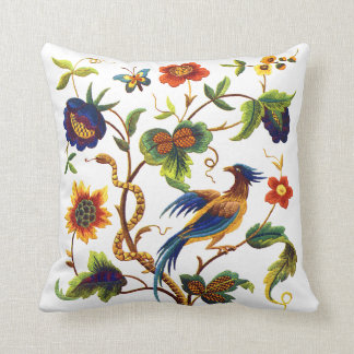 Bird of Paradise Faux Jacobean Embroidery Cushion