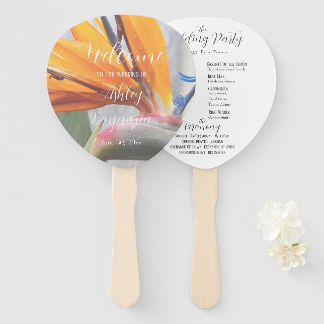 Bird of Paradise Floral Wedding Ceremony Program Hand Fan (Front and Back)