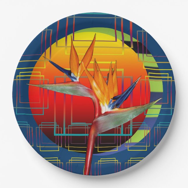 Bird of Paradise Flower Geometric Garden Paper Plate (Front)