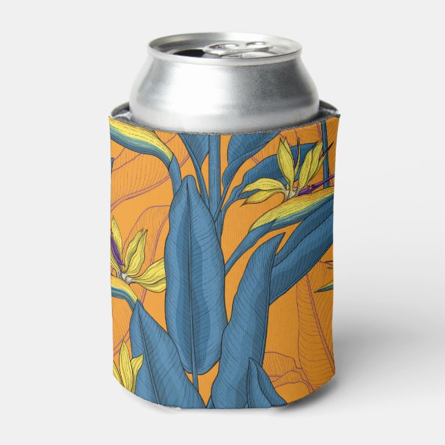 Bird of paradise flowers on orange can cooler (Can Front)