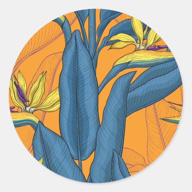 Bird of paradise flowers on orange classic round sticker (Front)