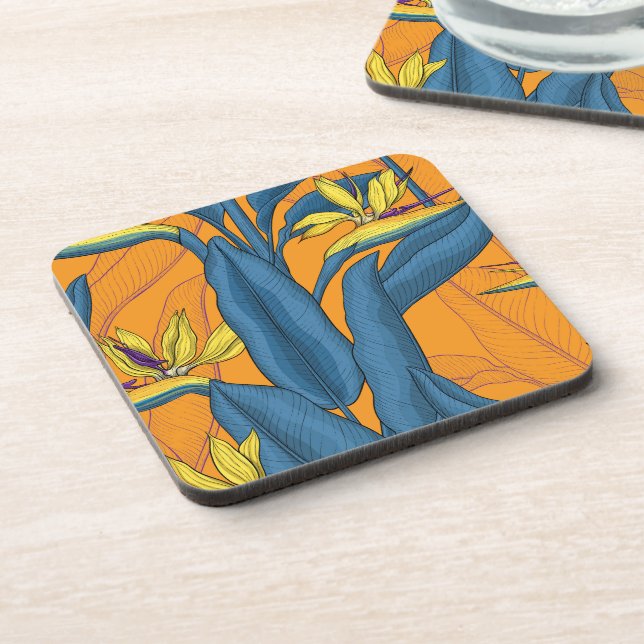 Bird of paradise flowers on orange coaster (Left Side)