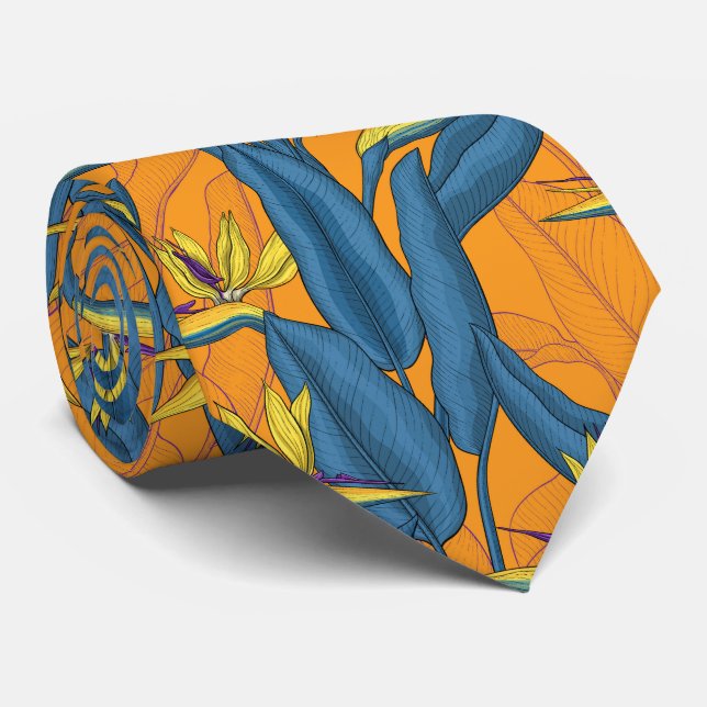 Bird of paradise flowers on orange tie (Rolled)