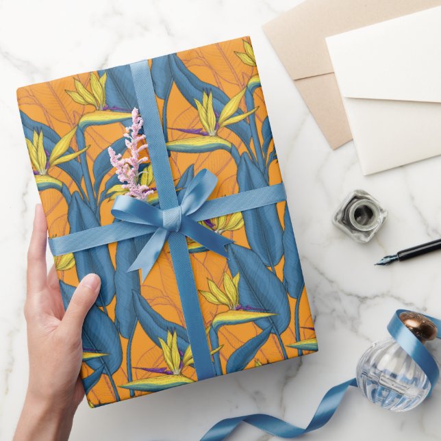 Bird of paradise flowers on orange wrapping paper (Gifting)