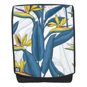 Bird of paradise flowers on white backpack