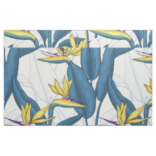Bird of paradise flowers on white fabric