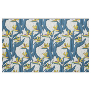 Bird of paradise flowers on white fabric