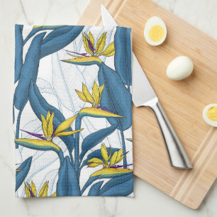 Bird of paradise flowers on white kitchen towel