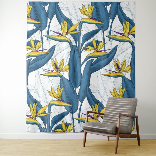 Bird of paradise flowers on white tapestry (In Situ)