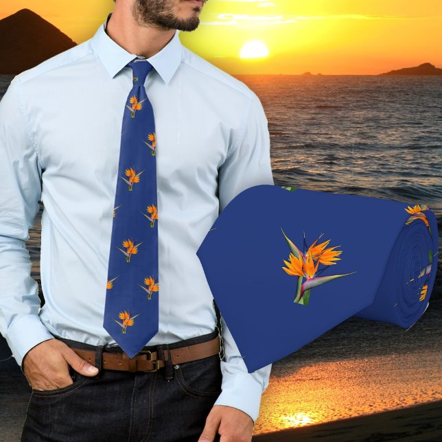 Bird of Paradise Flowers Patterned Navy Blue Tie (Creator Uploaded)