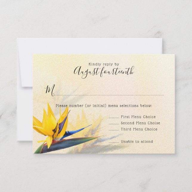 Bird of Paradise Hawaiian Wedding Menu Reply Cards (Front)