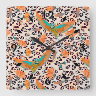 Bird of Paradise, leopard skin, Coral and turquois Square Wall Clock