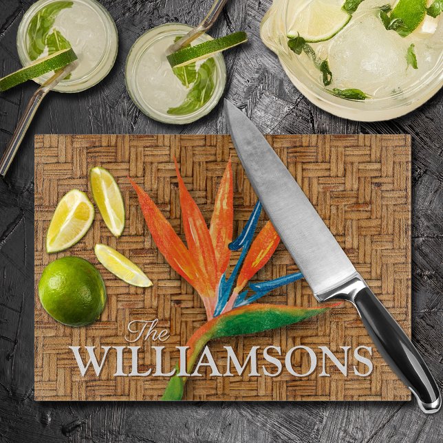 Bird of Paradise on Wicker Pattern Personalised Cutting Board (Bird of Paradise on Wicker Pattern Personalized Glass Cutting Board)