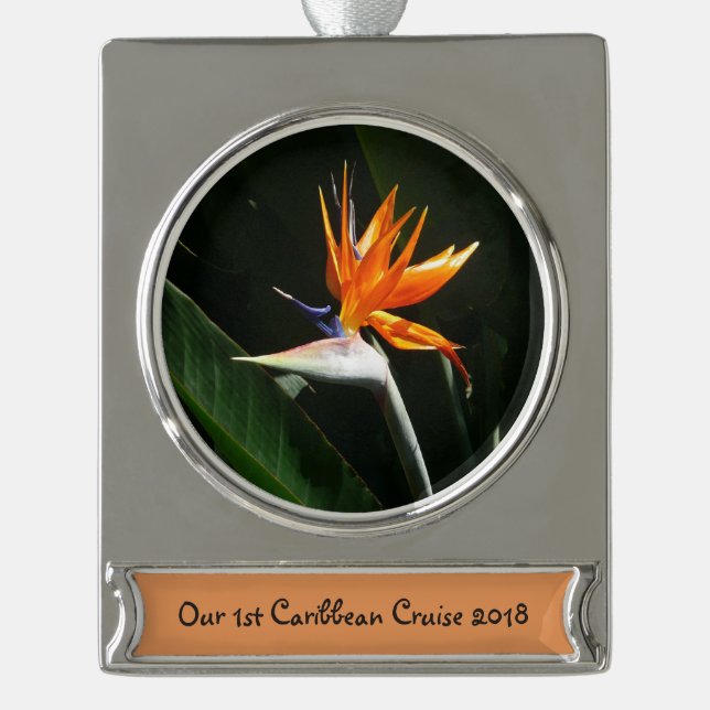 Bird of Paradise Orange Tropical Flower Silver Plated Banner Ornament (Front)