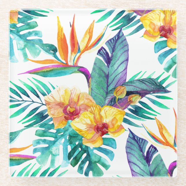 Bird Of Paradise & Orchid Pattern 2 Glass Coaster (Front)