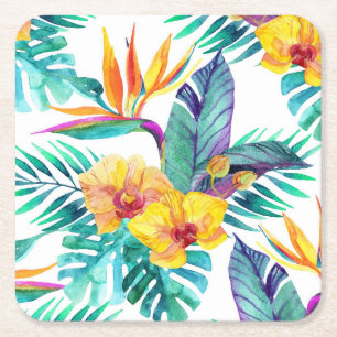 Bird Of Paradise & Orchid Pattern 2 Square Paper Coaster