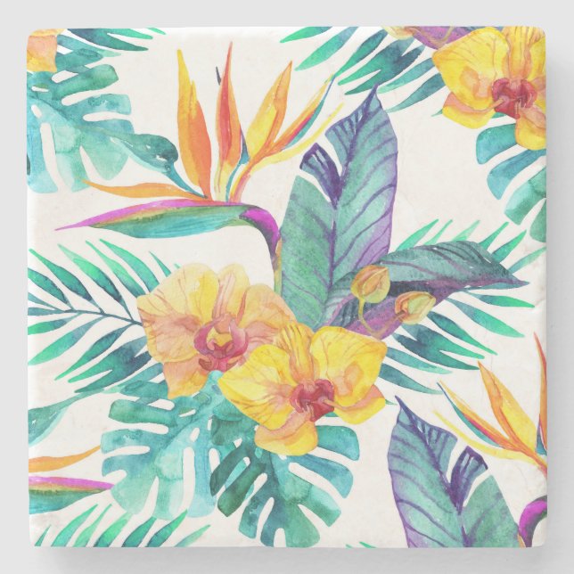 Bird Of Paradise & Orchid Pattern 2 Stone Coaster (Front)