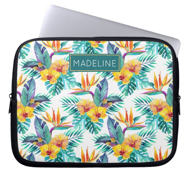 Bird Of Paradise & Orchid Pattern | Add Your Name Laptop Sleeve (Front)