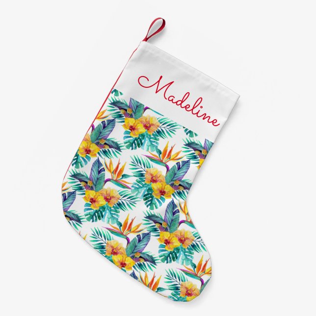 Bird Of Paradise & Orchid Pattern | Add Your Name Small Christmas Stocking (Front (Hanging))