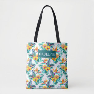 Bird Of Paradise & Orchid Pattern Add Your Name Tote Bag